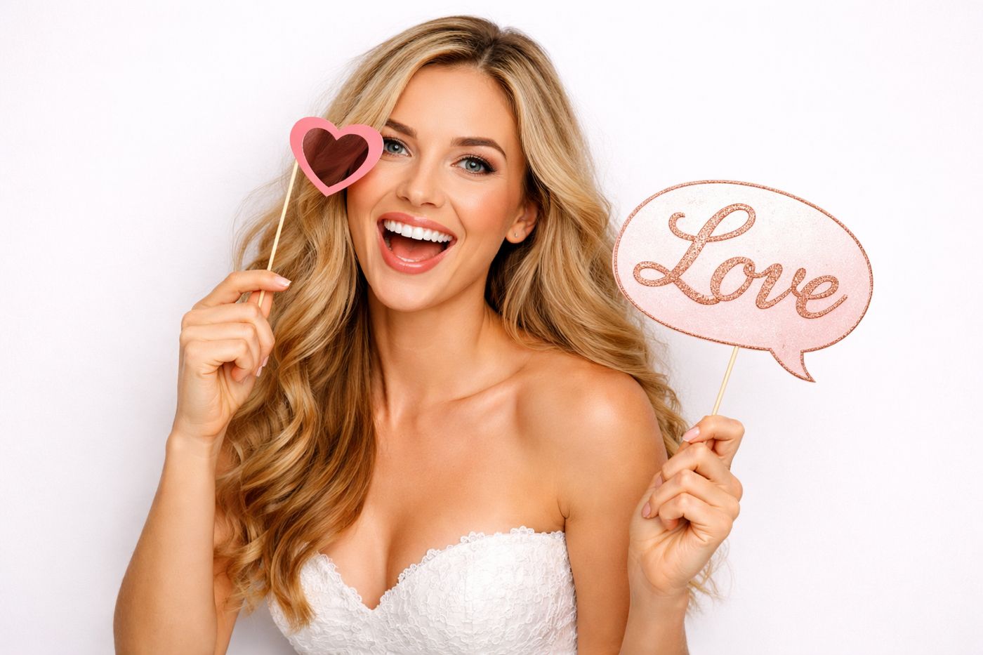 Braut mit Love-Schild an der Hochzeitsfotobox in Tirol