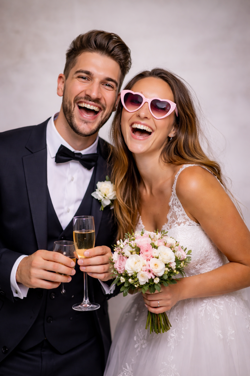 Lachendes Brautpaar mit Herzsonnenbrille und Champagner an der Hochzeitsfotobox in Tirol